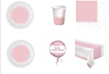 Fiesta coordinada Baby pink corazones cumpleaños papel rosa tema para 24 Invitados Party y Party Línea de productos Ecológicos - (24 platos, 24 vasos, 40 servilletas, 1 mantel, 1 globo foil)